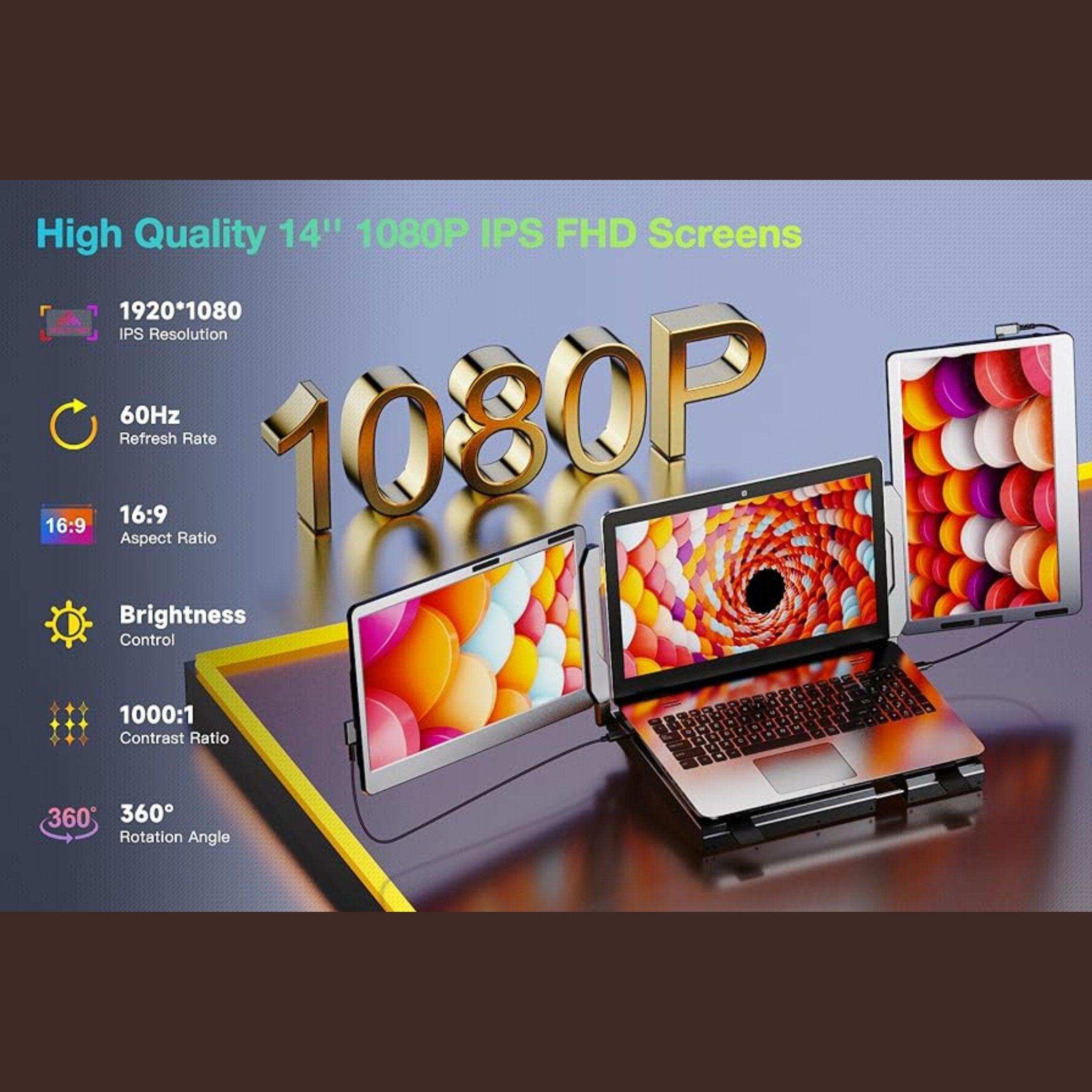 TUTT F2 Portable Laptop Monitor Screen Extender 14'' Inches  360° Rotation Stand, 1080P HD IPS Compatible Windows/Mac/Surface/Dex/Switch for 12-17” Laptop Built-In Speaker
