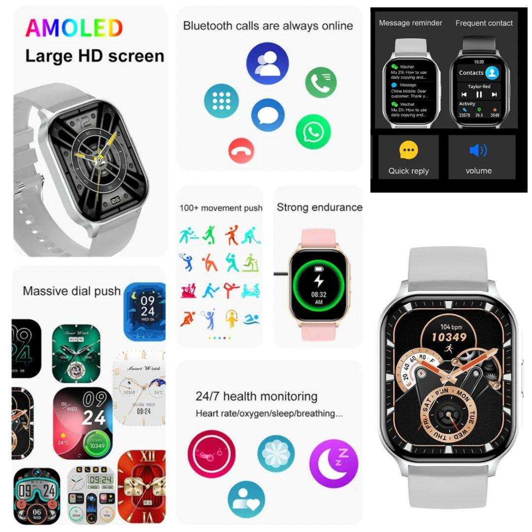 TUTT Classic Smartwatch AMOLED 2.04” Screen | GPS Exercise SpO2 Stress & Sleep Monitoring Calorie & Activity Tracker IP67 Men Women Smart Watch Two Straps Steel+ Rubber H6