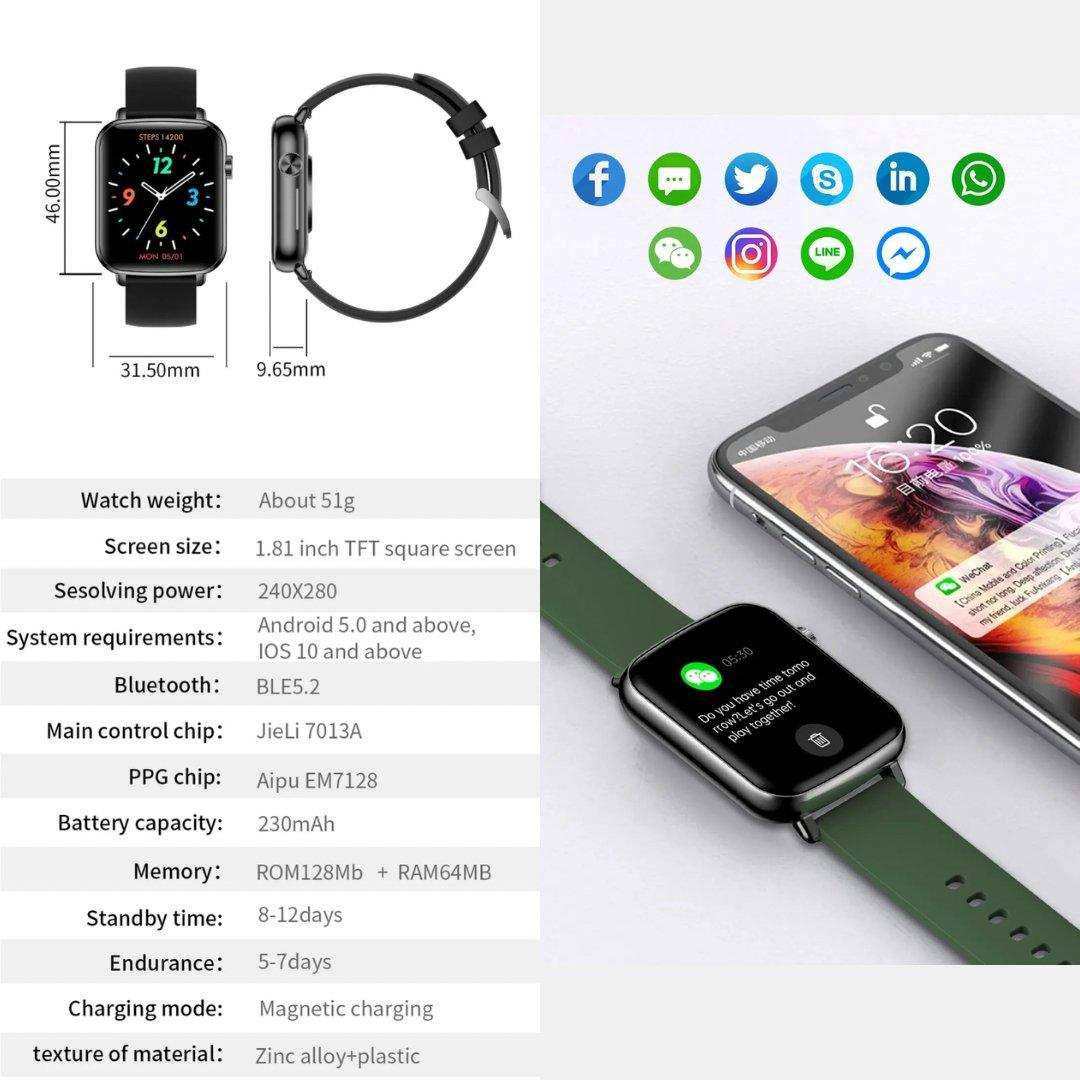 TUTT H90 Men and Women Fashion Smart Watch Reloj BT Call Fashion Design with 1.81 inch HD Screen Heart Rate Monitor Fitness Tracking |Two Straps Rubber &Steel