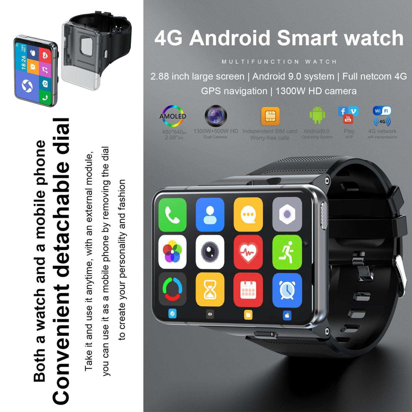 TUTT iS9 4G Smart Watch Phone Android 2.8” AMOLED IPS Screen 5+13 MP Dual Camera 4GB+64GB Quad-Core CPU, IP67 Waterproof, 4G/LTE Call, GPS, WiFi, Sports Fitness, Health Tracker