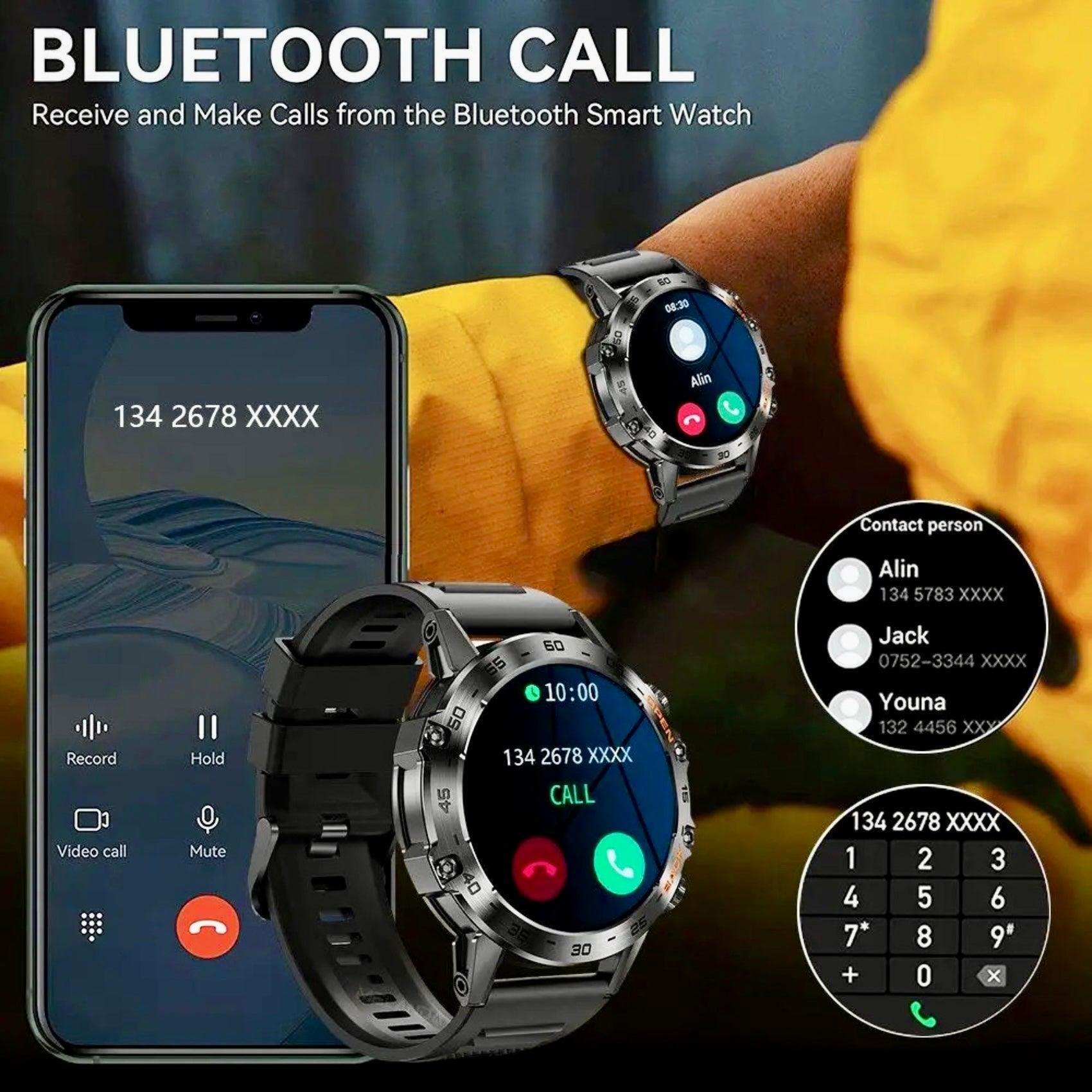 TUTT Smart Watch for Men Metal Case | Military Rugged Smartwatch BT Call Health & Fitness | 2 Straps (Rubber Metal) K52 LIGE
