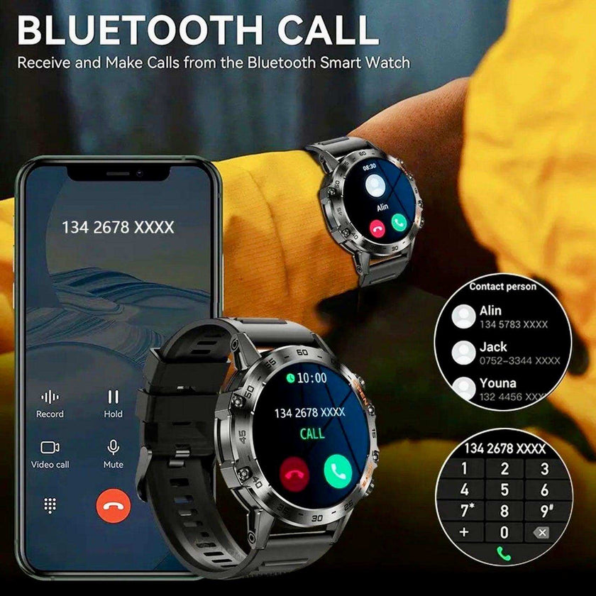TUTT Smart Watch for Men Metal Case | Military Rugged Smartwatch BT Call Health & Fitness | 2 Straps (Rubber Metal) K52 LIGE
