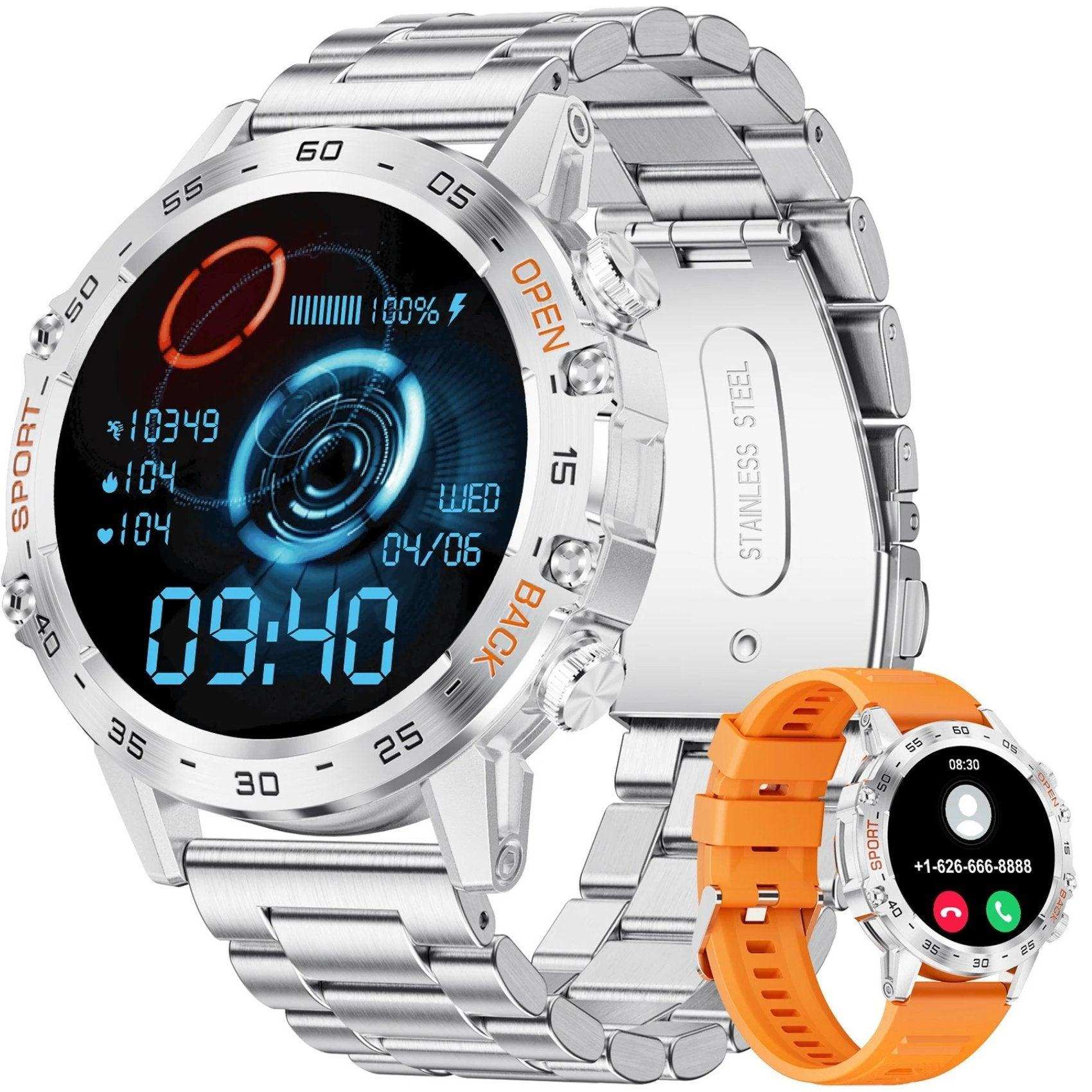 TUTT Smart Watch for Men Metal Case | Military Rugged Smartwatch BT Call Health & Fitness | 2 Straps (Rubber Metal) K52 LIGE