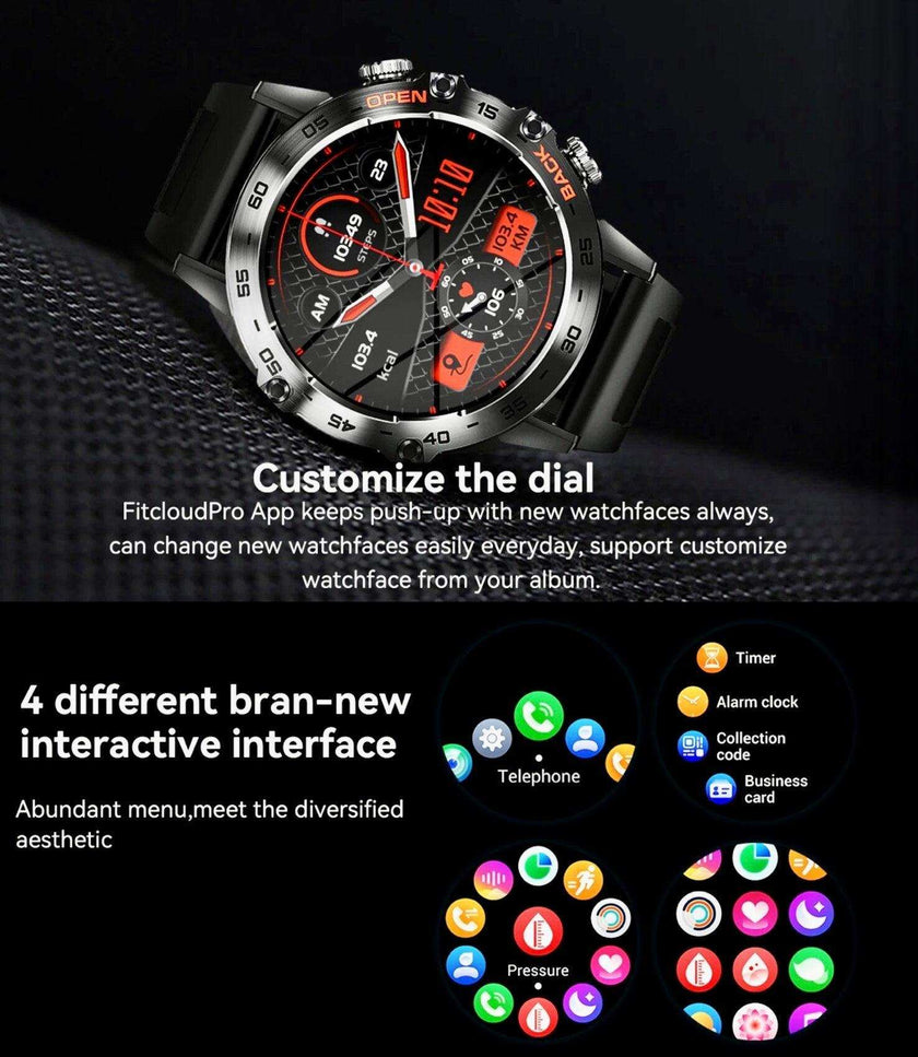 TUTT Smart Watch for Men Metal Case | Military Rugged Smartwatch BT Call Health & Fitness | 2 Straps (Rubber Metal) K52 LIGE