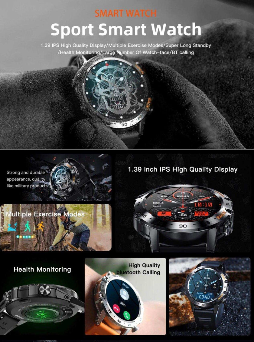 TUTT Smart Watch for Men Metal Case | Military Rugged Smartwatch BT Call Health & Fitness | 2 Straps (Rubber Metal) K52 LIGE