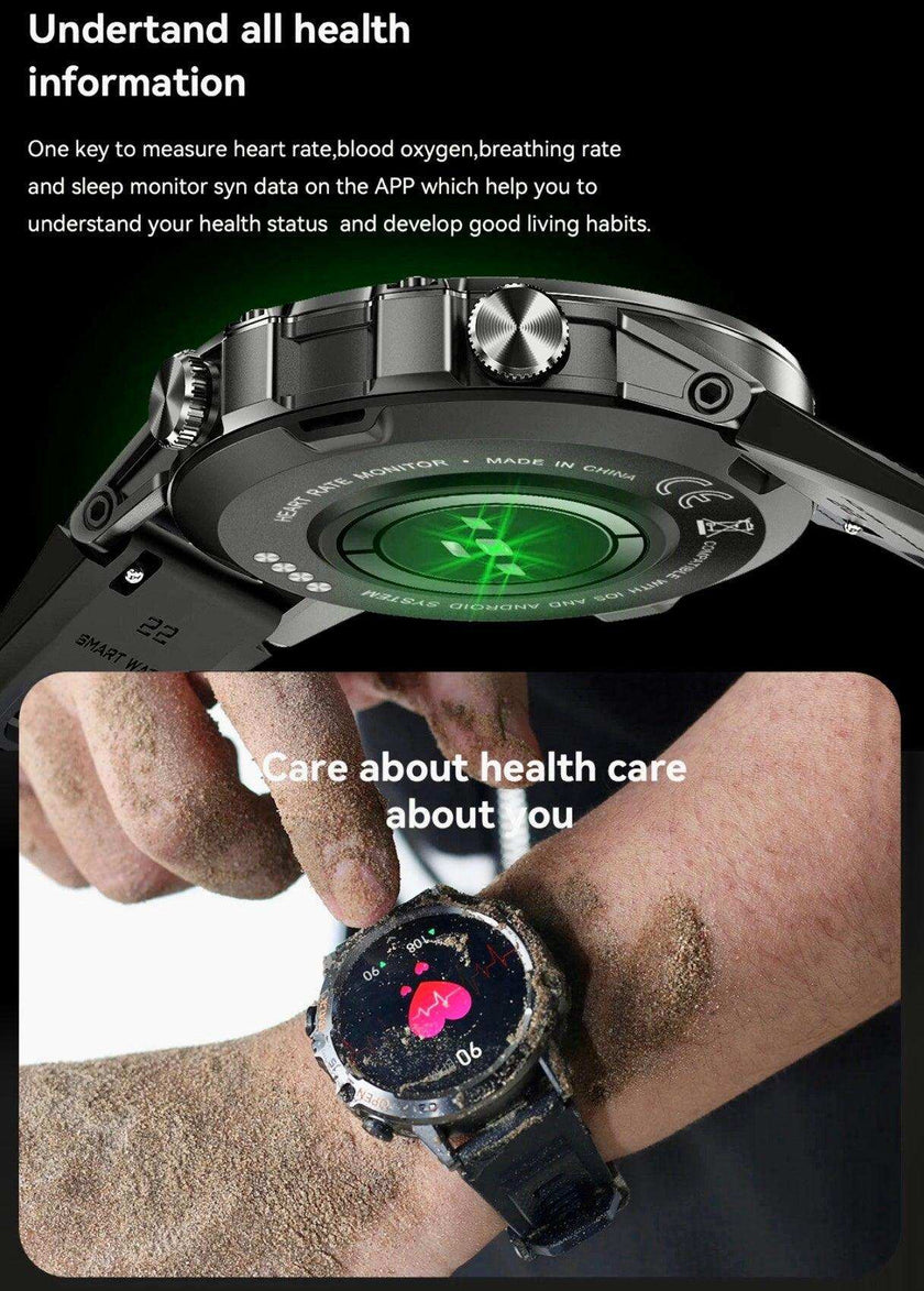 TUTT Smart Watch for Men Metal Case | Military Rugged Smartwatch BT Call Health & Fitness | 2 Straps (Rubber Metal) K52 LIGE