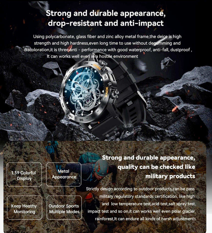 TUTT Smart Watch for Men Metal Case | Military Rugged Smartwatch BT Call Health & Fitness | 2 Straps (Rubber Metal) K52 LIGE