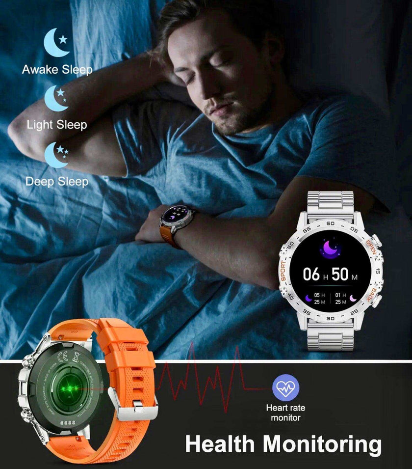 TUTT Smart Watch for Men Metal Case | Military Rugged Smartwatch BT Call Health & Fitness | 2 Straps (Rubber Metal) K52 LIGE