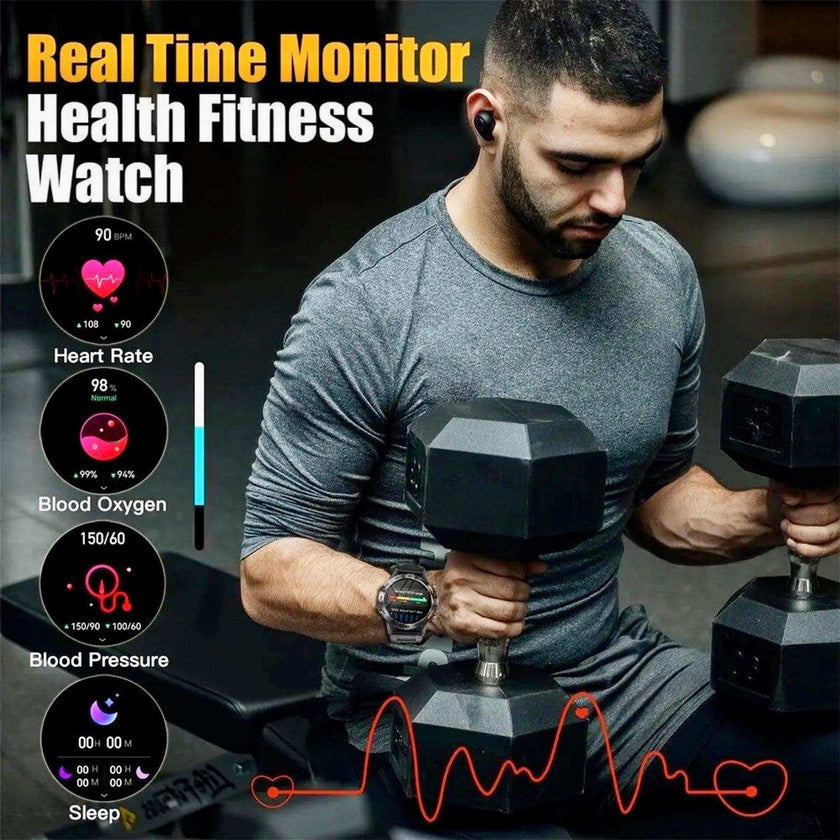 TUTT Smart Watch for Men Metal Case | Military Rugged Smartwatch BT Call Health & Fitness | 2 Straps (Rubber Metal) K52 LIGE