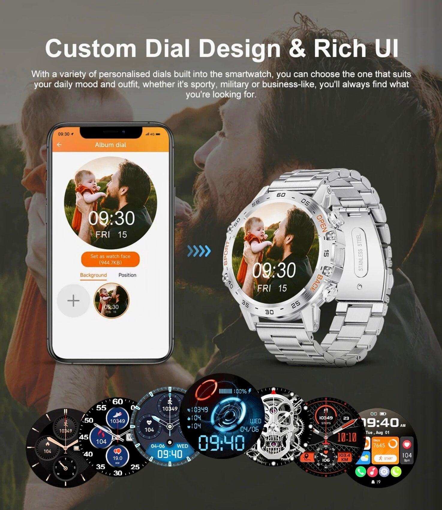 TUTT Smart Watch for Men Metal Case | Military Rugged Smartwatch BT Call Health & Fitness | 2 Straps (Rubber Metal) K52 LIGE