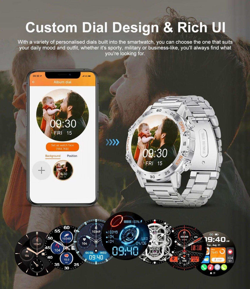TUTT Smart Watch for Men Metal Case | Military Rugged Smartwatch BT Call Health & Fitness | 2 Straps (Rubber Metal) K52 LIGE
