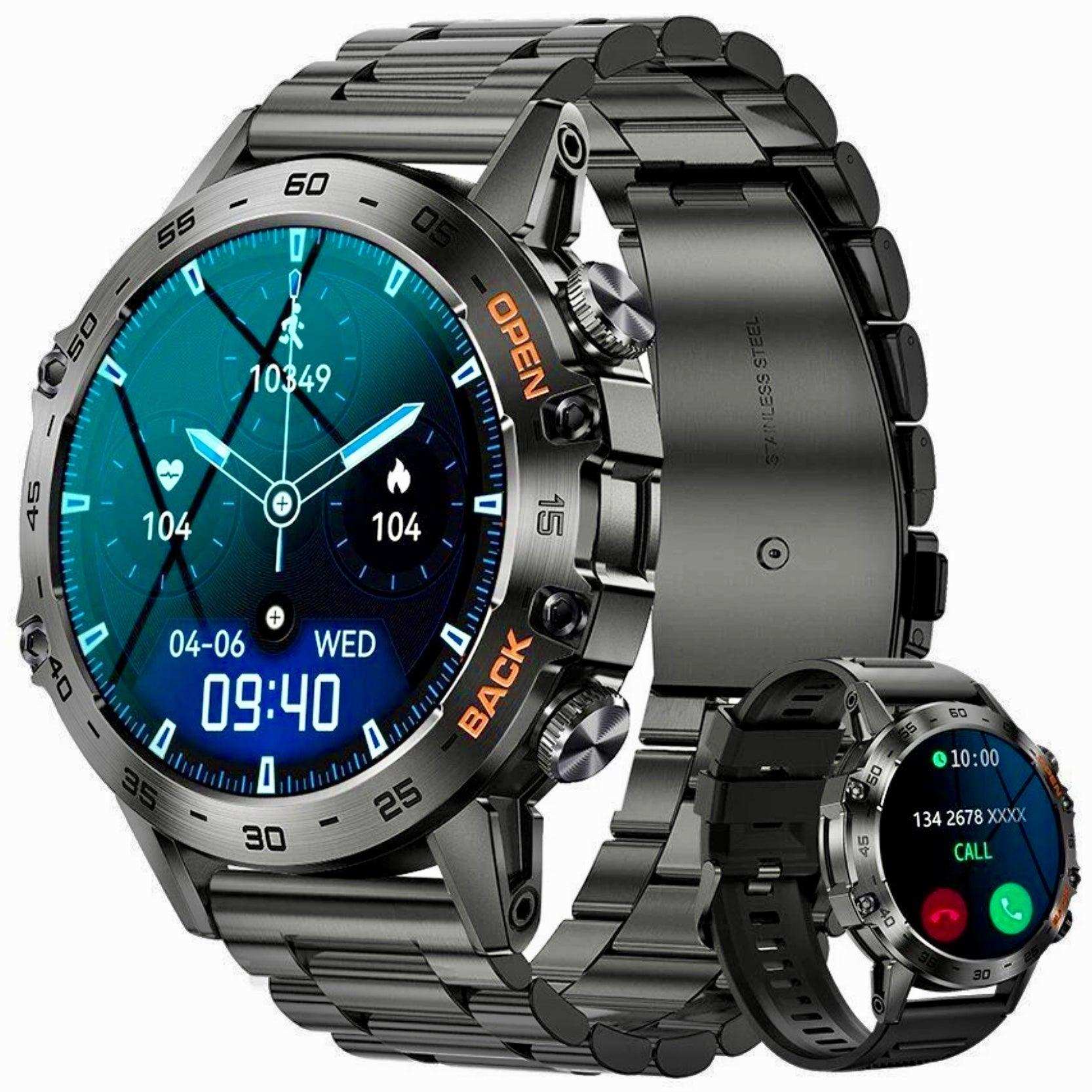 TUTT Smart Watch for Men Metal Case | Military Rugged Smartwatch BT Call Health & Fitness | 2 Straps (Rubber Metal) K52 LIGE
