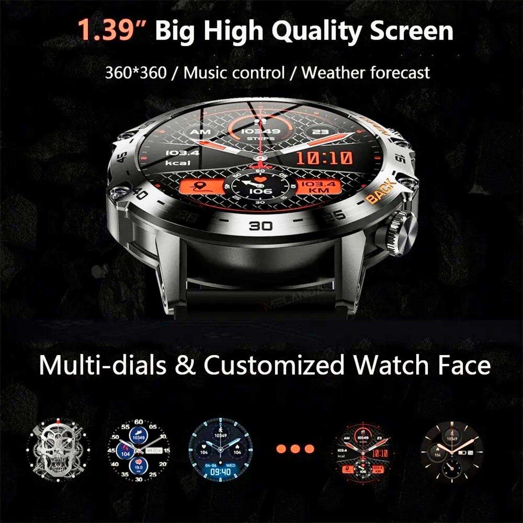 TUTT Smart Watch for Men Metal Case | Military Rugged Smartwatch BT Call Health & Fitness | 2 Straps (Rubber Metal) K52 LIGE