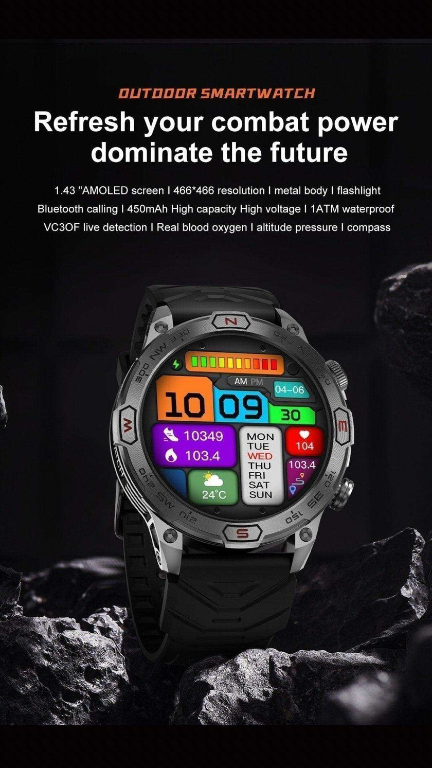TUTT KC86 AMOLED Zinc Alloy Rugged Outdoor Smart Watch | Compass Barometer Altimeter 1 ATM Waterproof Emergency LED Flashlight | Sport Health Monitor Men Women Long 450 mAh Battery