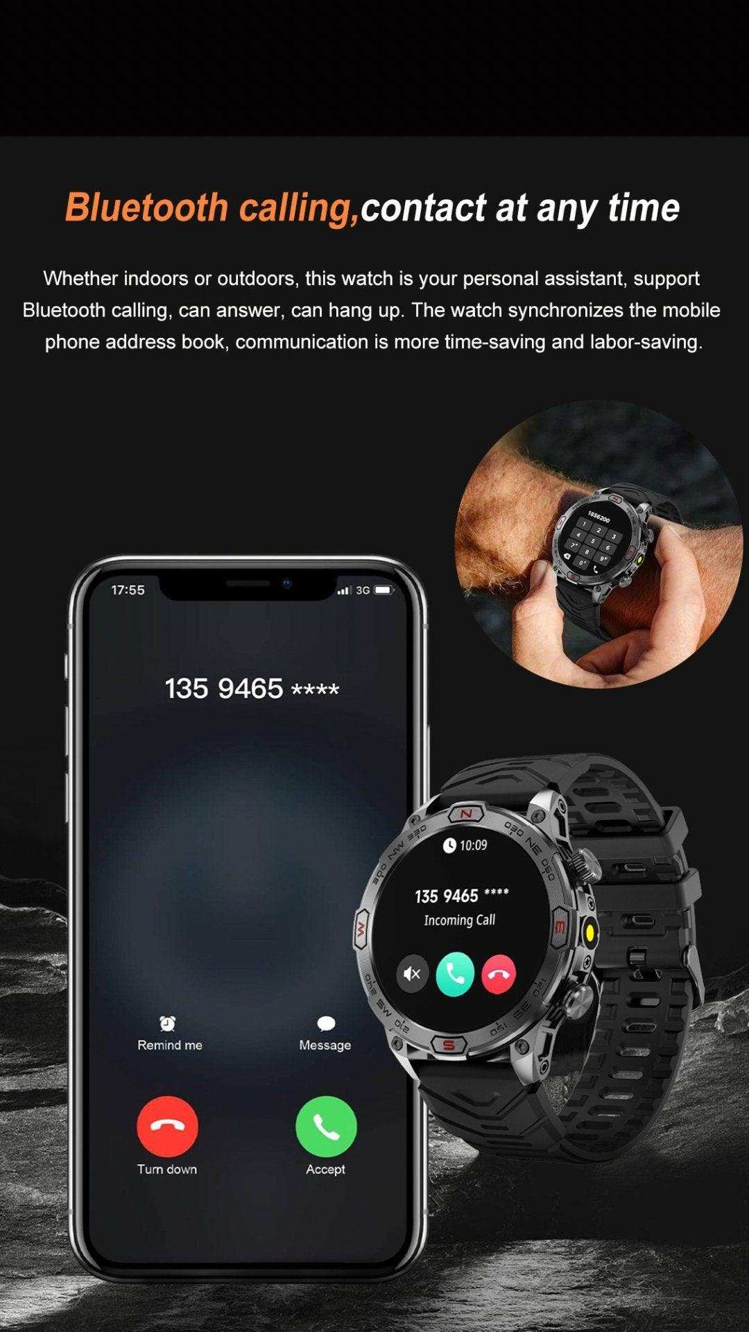 TUTT KC86 AMOLED Zinc Alloy Rugged Outdoor Smart Watch | Compass Barometer Altimeter 1 ATM Waterproof Emergency LED Flashlight | Sport Health Monitor Men Women Long 450 mAh Battery