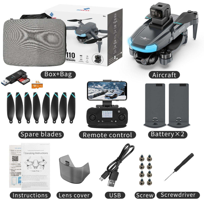 TUTT KF110 Professional 5G MINI Drone Dual 4K Cameras Optical Flow Mechanical + EIS Stabilization 226g Brushless Motor Laser Obstacle Avoidance Follow/Orbit/Waypoint Modes 2* Batteries