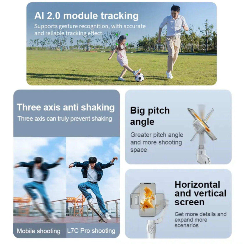 TUTT L7C Pro + AI Module | 3 Axis Smartphone Selfie Stick Phone Gimbal Stabilizer | Auto Face Tracking