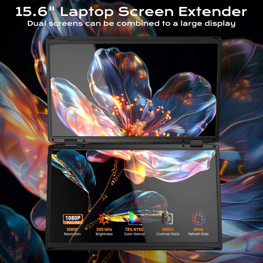TUTT 15.6” Portable Monitor Dual Screen Extender, Plug and Play, VESA Mount, M4