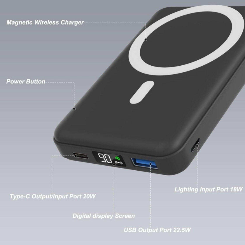TUTT Magnetic Wireless Portable Power Bank for iPhone 10000mAh Mag-Safe Battery Pack PD 22.5W Fast Charging, Foldable Wireless USB-C LED Display iPhone 15/14/13/12/Pro/Mini/Pro Max