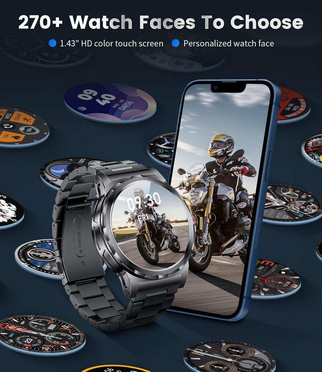 TUTT Smart Watch for Men AMOLED HD Screen Metal Case | 1.43'' Military Rugged  IP68 Waterproof | Health and Fitness SL6 LIGE | Rubber & Metal