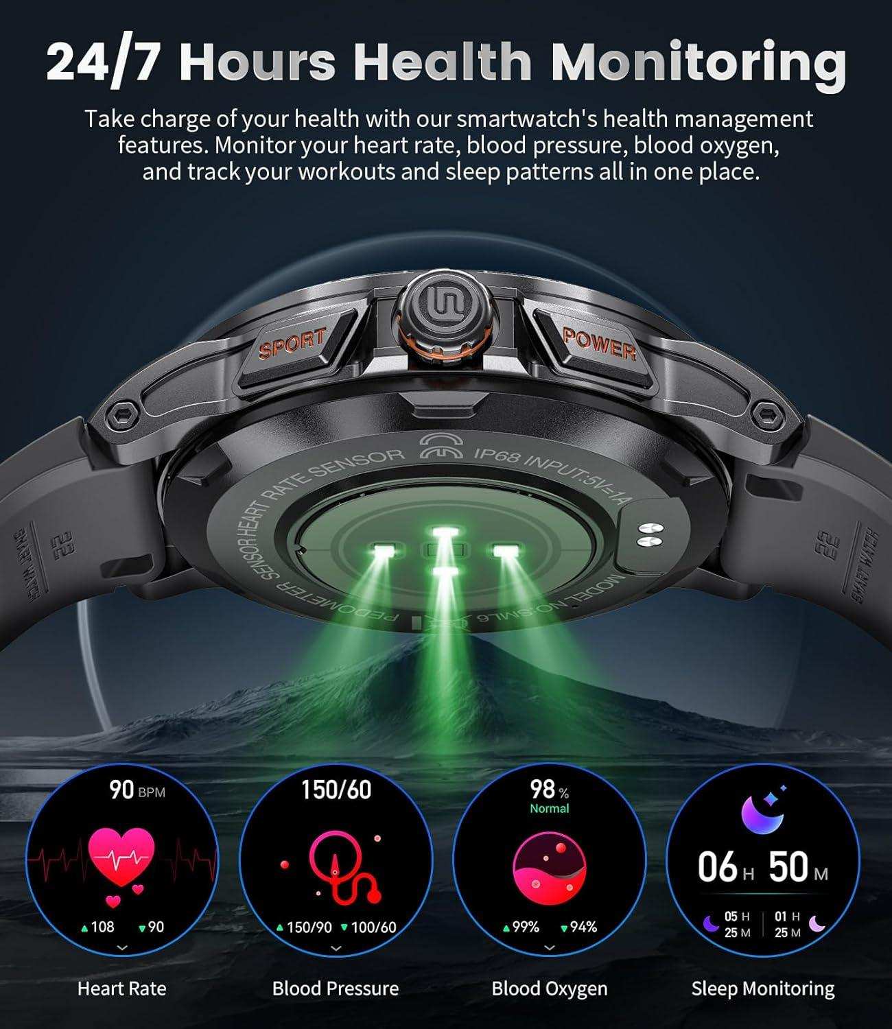 TUTT Smart Watch for Men AMOLED HD Screen Metal Case | 1.43'' Military Rugged  IP68 Waterproof | Health and Fitness SL6 LIGE | Rubber & Metal
