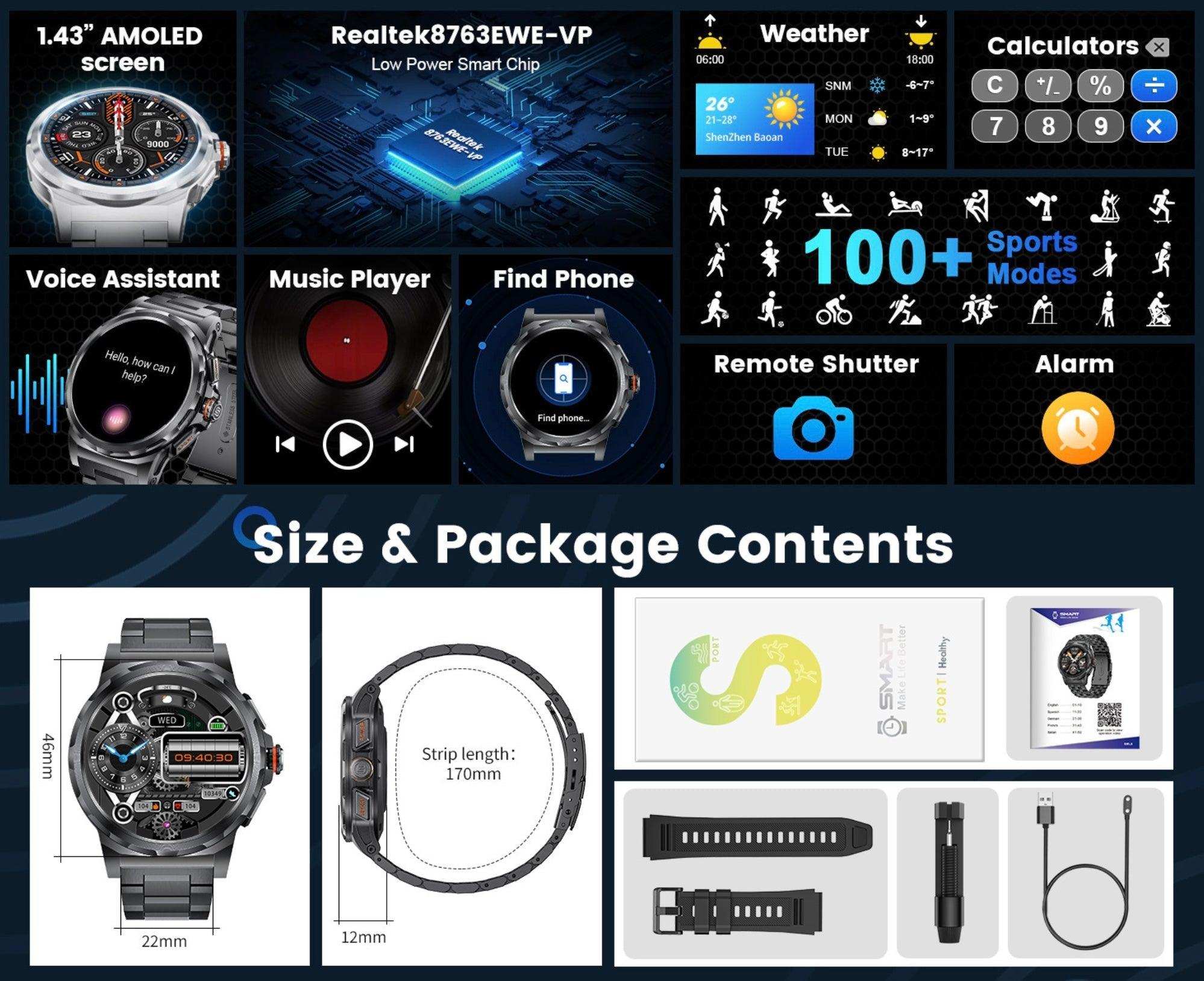TUTT Smart Watch for Men AMOLED HD Screen Metal Case | 1.43'' Military Rugged  IP68 Waterproof | Health and Fitness SL6 LIGE | Rubber & Metal