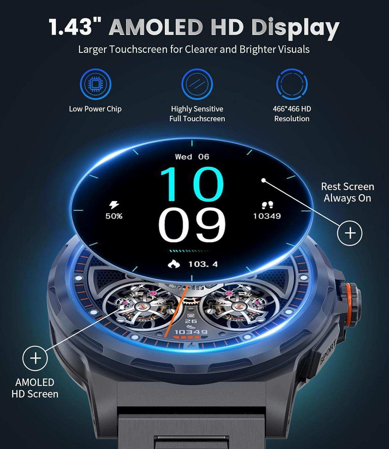 TUTT Smart Watch for Men AMOLED HD Screen Metal Case | 1.43'' Military Rugged  IP68 Waterproof | Health and Fitness SL6 LIGE | Rubber & Metal