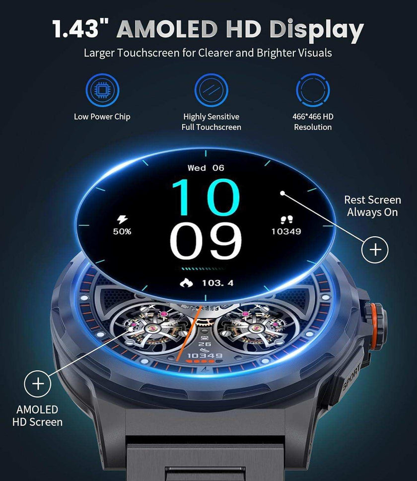 TUTT Smart Watch for Men AMOLED HD Screen Metal Case | 1.43'' Military Rugged  IP68 Waterproof | Health and Fitness SL6 LIGE | Rubber & Metal