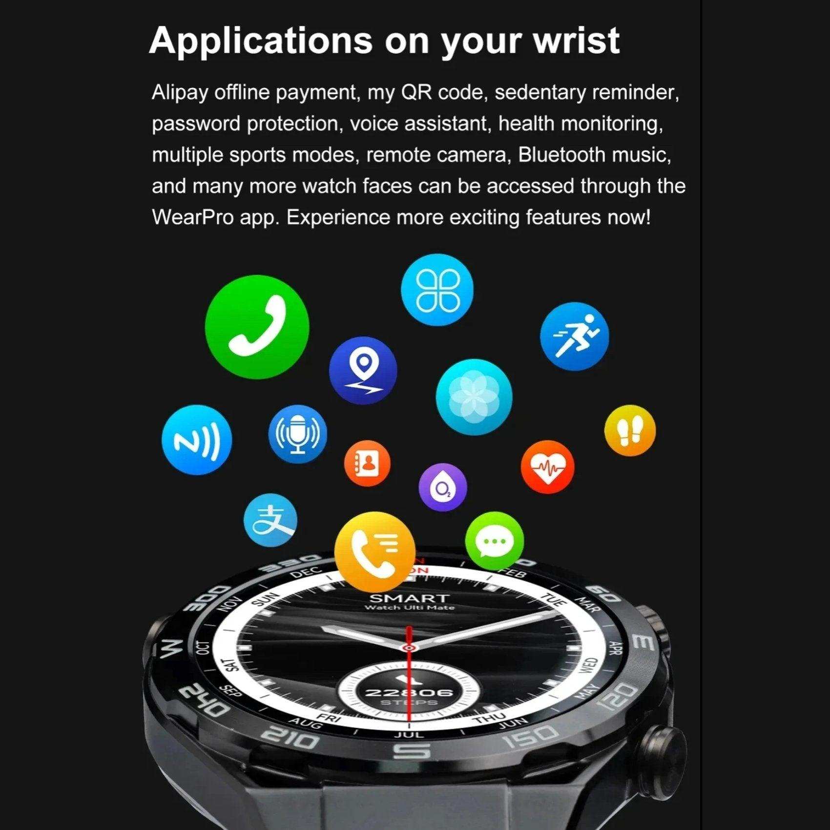 TUTT N1 Men Ultra SmartWatch with IP68 Waterproof NFC | Compass Outdoor WEAR PRO Control Health Fitness Smart Watch Two Straps Black Matt Metal and Rubber