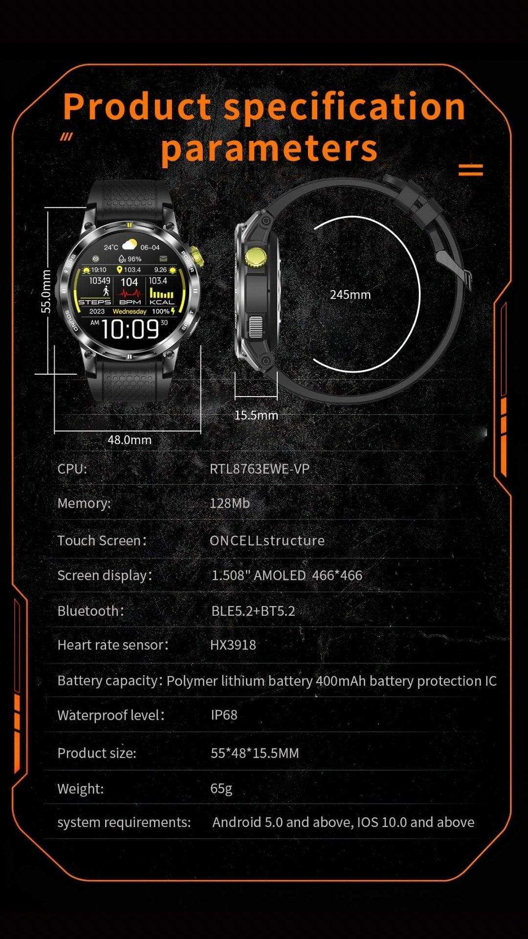 TUTT  Rugged Smartwatch for Men Women | Compass GPS Exercise | AMOLED Metal Dial | 2 Military Straps | Always-On Display Long Battery Life | NX18 Pro