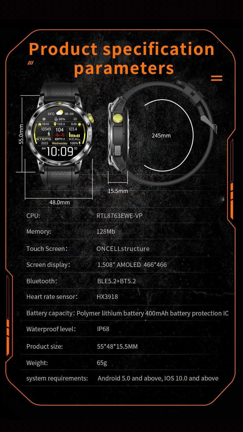 TUTT  Rugged Smartwatch for Men Women | Compass GPS Exercise | AMOLED Metal Dial | 2 Military Straps | Always-On Display Long Battery Life | NX18 Pro