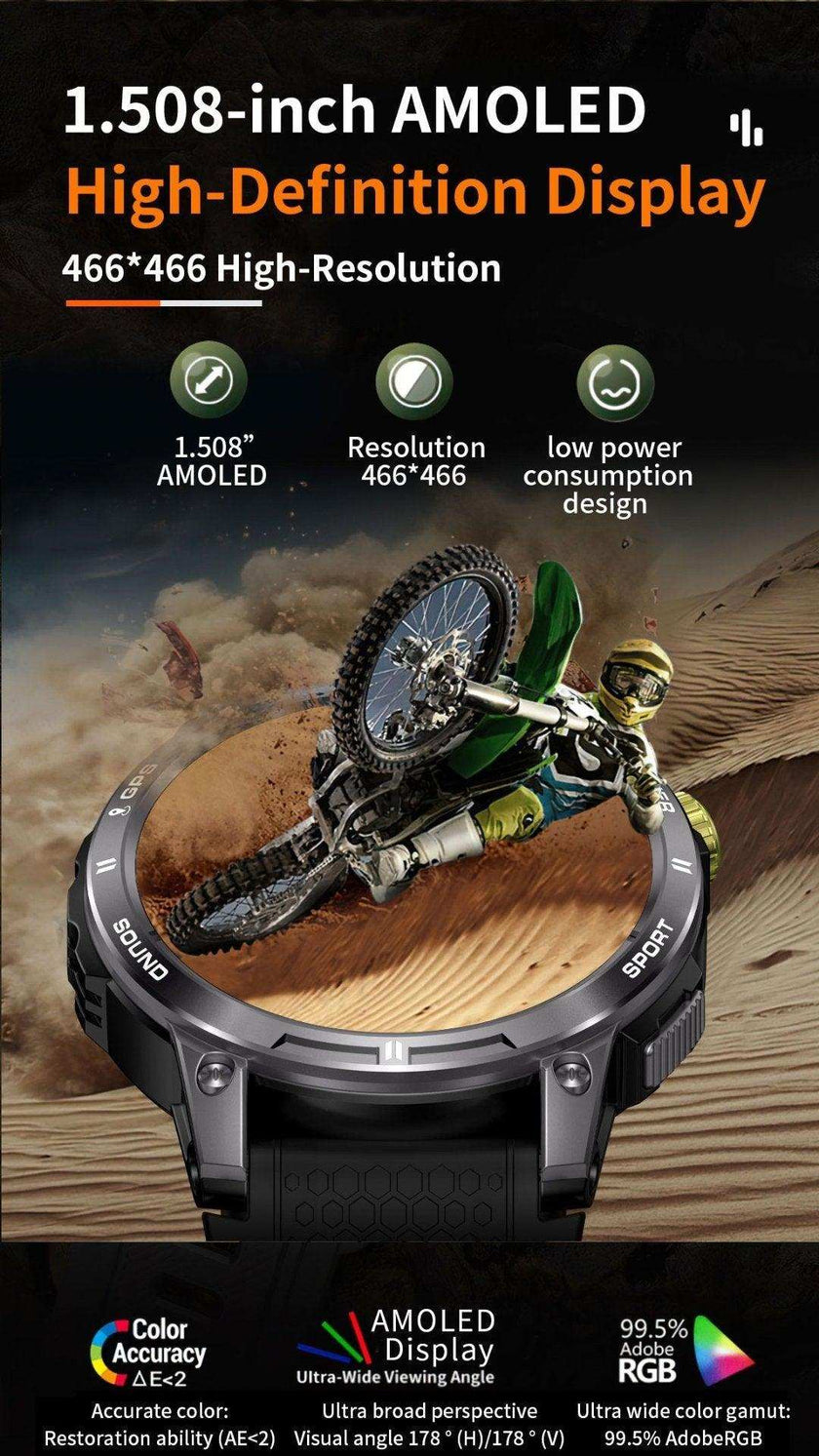 TUTT  Rugged Smartwatch for Men Women | Compass GPS Exercise | AMOLED Metal Dial | 2 Military Straps | Always-On Display Long Battery Life | NX18 Pro