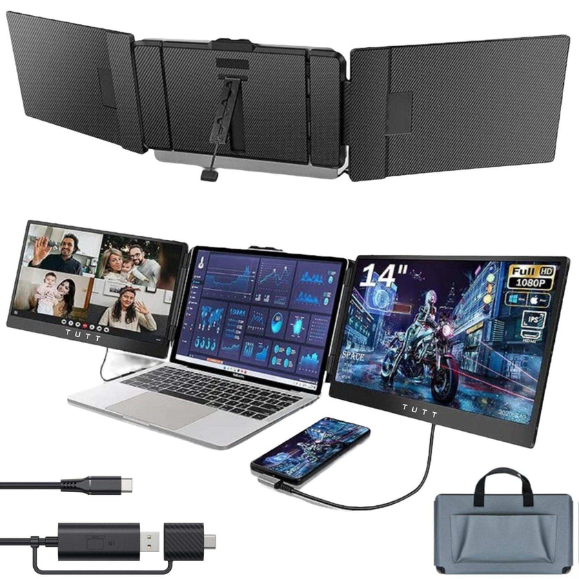 TUTT S2 FHD 14” Dual Portable Laptop Monitor Extender 1080P IPS Built-in Stand and Speakers | Plug and Play | H5 HD Video Conversion Cable | Technical Support Line | for 13