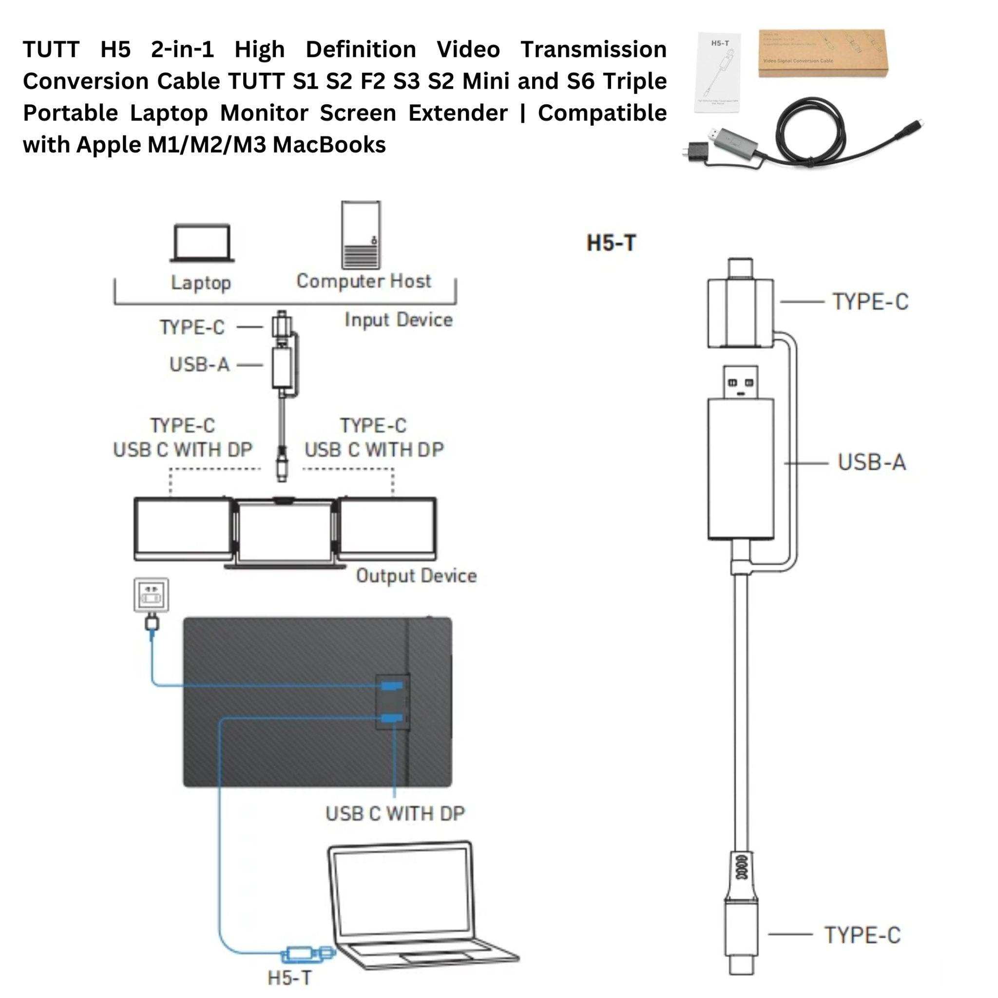 TUTT 12” Portable Monitor Triple Screen Extender Built-in Stand and Speakers | All Devices Compatible with Converter Cable (H5 Included) S2 Mini