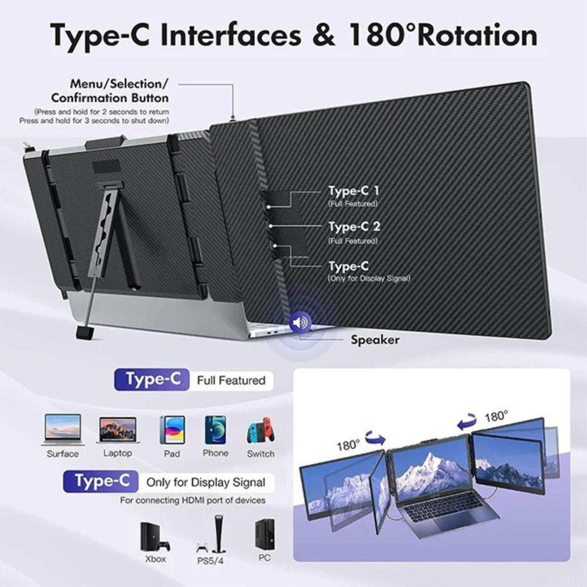 TUTT 12” Portable Monitor Triple Screen Extender Built-in Stand and Speakers | All Devices Compatible with Converter Cable (H5 Included) S2 Mini