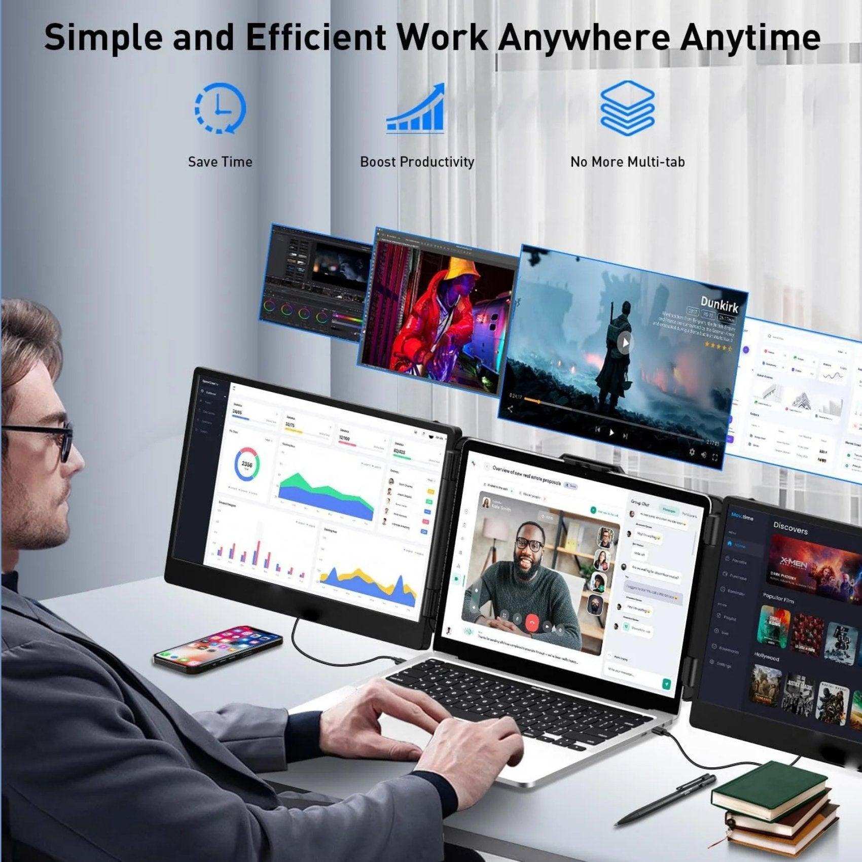 TUTT 12” Portable Monitor Triple Screen Extender Built-in Stand and Speakers | All Devices Compatible with Converter Cable (H5 Included) S2 Mini