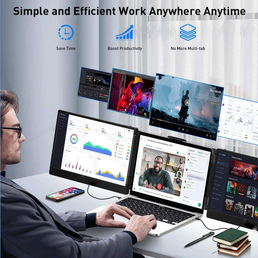 TUTT 12” Portable Monitor Triple Screen Extender Built-in Stand and Speakers | All Devices Compatible with Converter Cable (H5 Included) S2 Mini