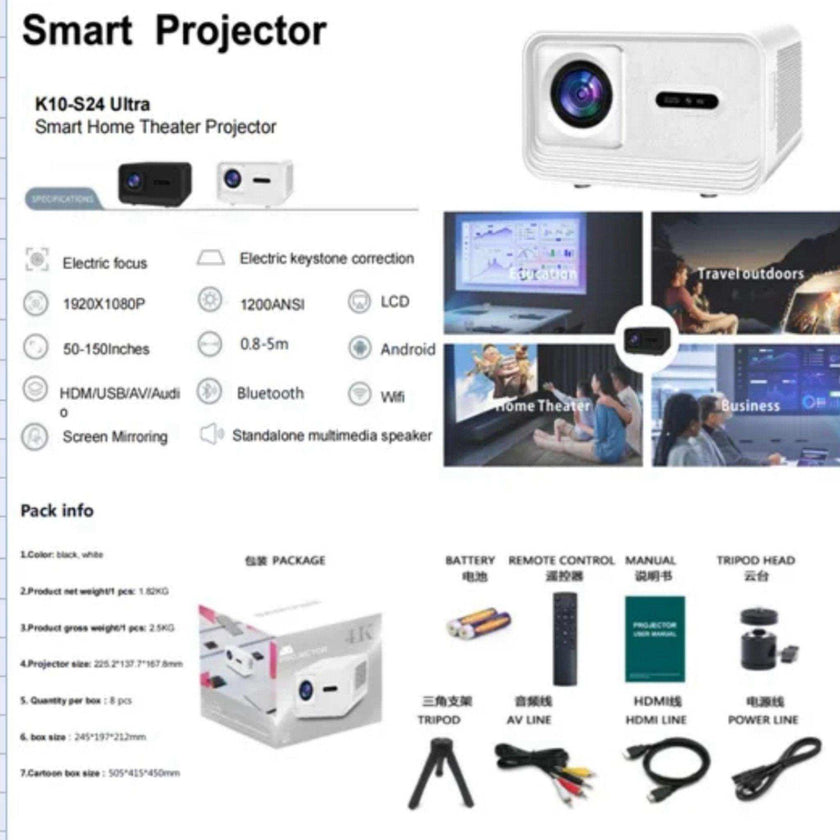 TUTT S24 Ultra Smart Home Theatre Cinematic Projector Auto Focus Keystone & APPs 4K | Android TV WiFi and Bluetooth, Netflix/YouTube Built-in Apps