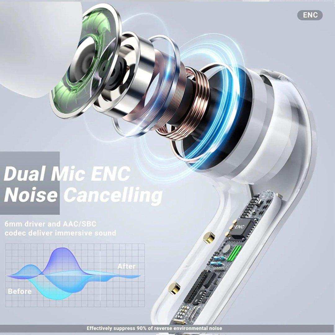 TUTT T6 BT 5.3 Earbuds True Wireless Headset Stereo Headphones In Ear Earphone With Digital Display and Transparent Case. Dual Microphone with Active Noise Cancelling Technology