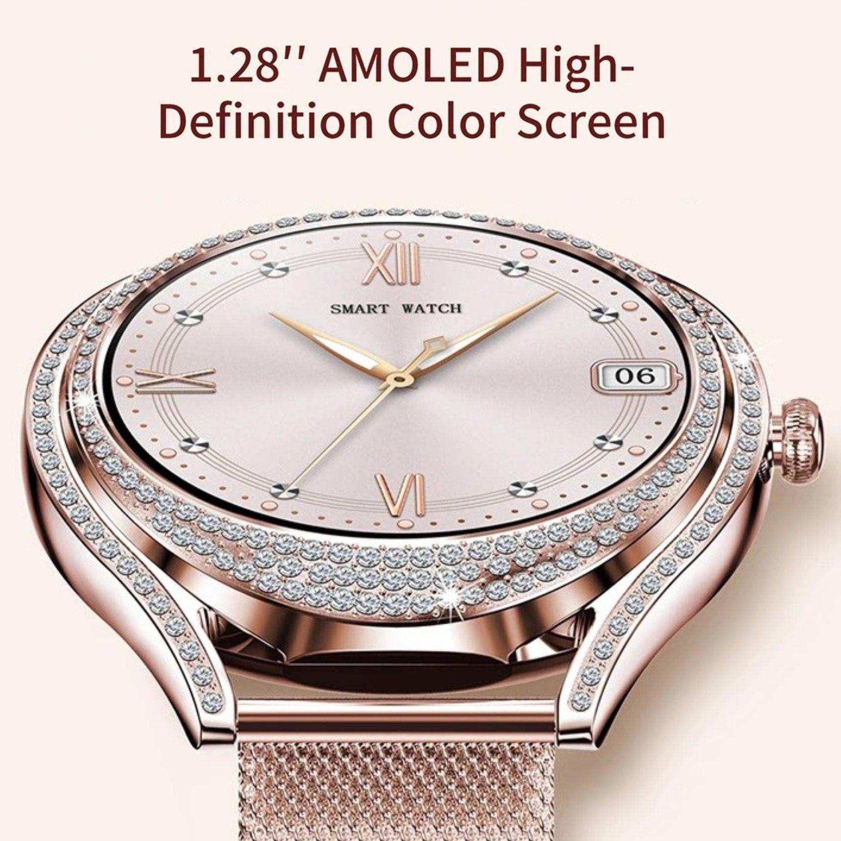 TUTT Classic Smartwatch for Women AMOLED  1.28” | Health & Fitness Tracker | Always On Display | 150 cubic Zirconia | Two Straps V66 Smart Watch (Silicone and Metal)