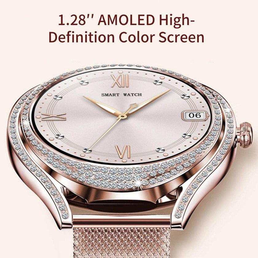 TUTT Classic Smartwatch for Women AMOLED  1.28” | Health & Fitness Tracker | Always On Display | 150 cubic Zirconia | Two Straps V66 Smart Watch (Silicone and Metal)
