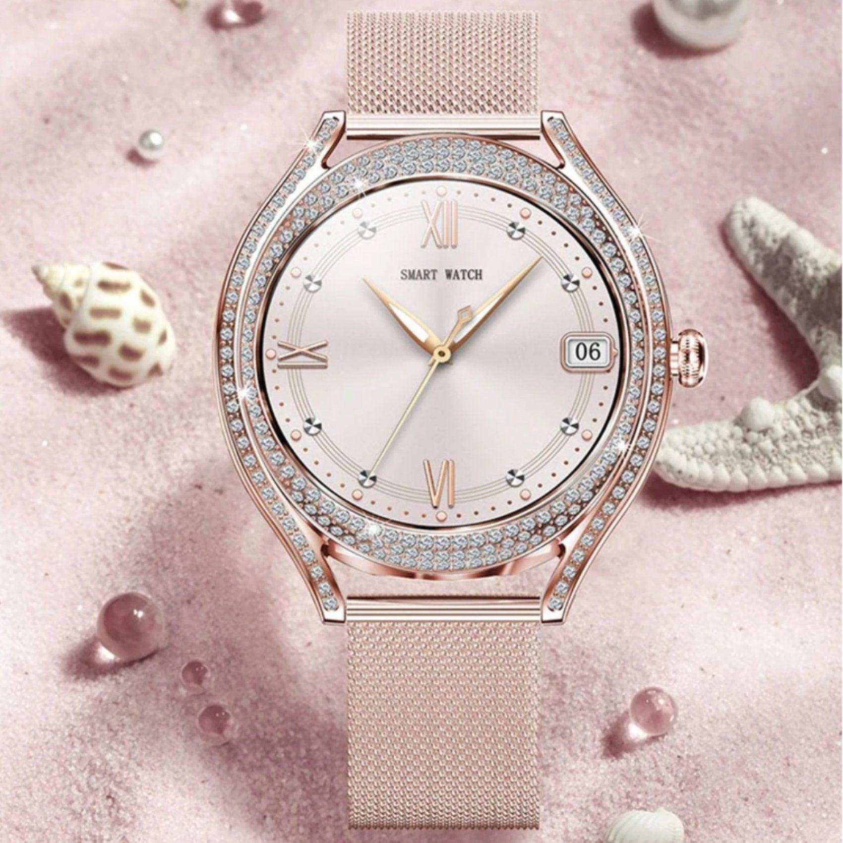 TUTT Classic Smartwatch for Women AMOLED  1.28” | Health & Fitness Tracker | Always On Display | 150 cubic Zirconia | Two Straps V66 Smart Watch (Silicone and Metal)