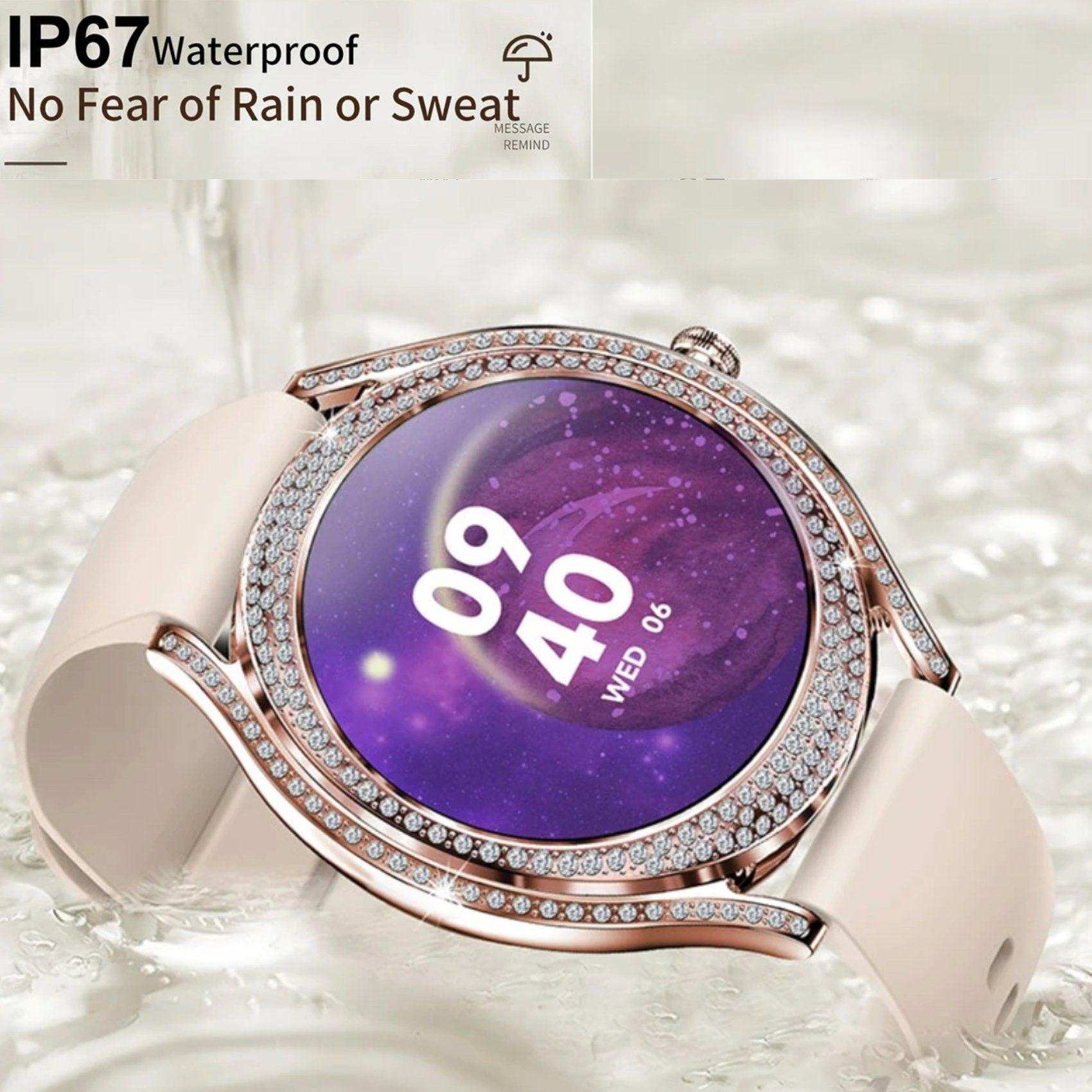 TUTT Classic Smartwatch for Women AMOLED  1.28” | Health & Fitness Tracker | Always On Display | 150 cubic Zirconia | Two Straps V66 Smart Watch (Silicone and Metal)