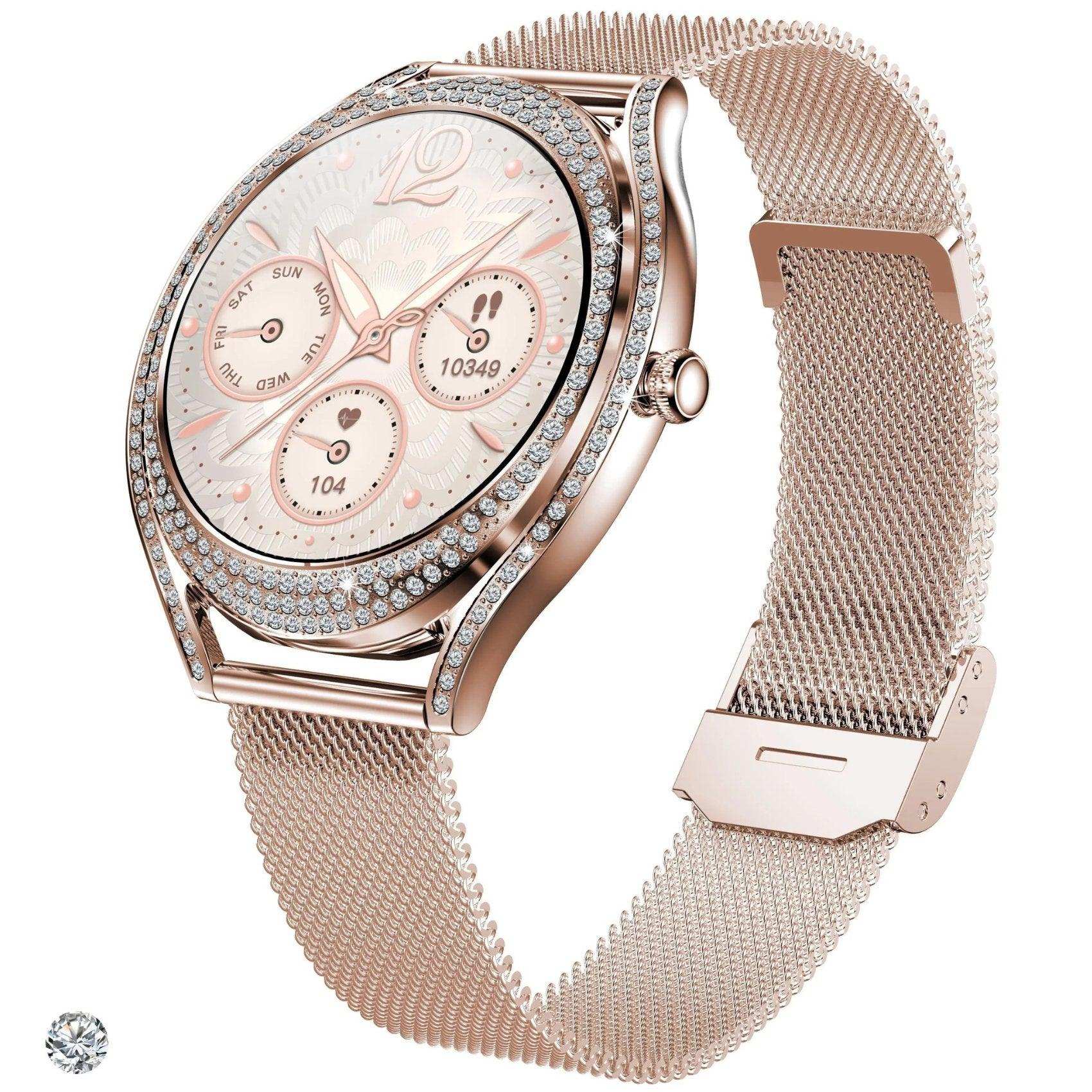 TUTT Classic Smartwatch for Women AMOLED  1.28” | Health & Fitness Tracker | Always On Display | 150 cubic Zirconia | Two Straps V66 Smart Watch (Silicone and Metal)