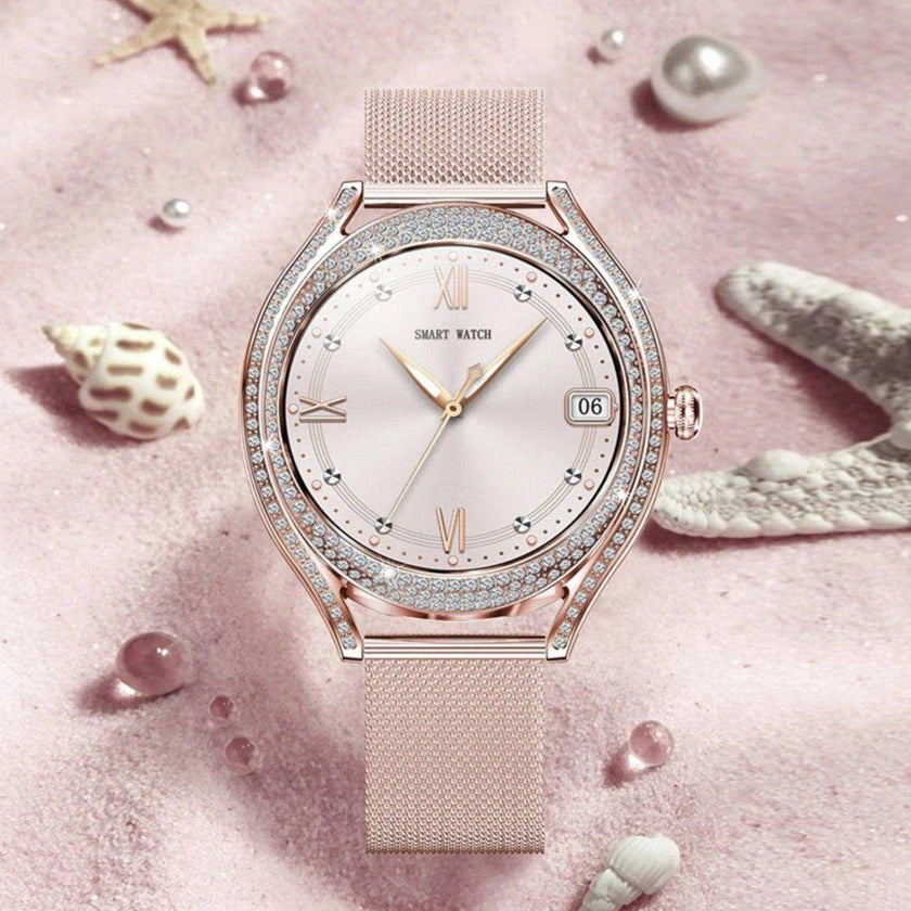 TUTT Classic Smartwatch for Women AMOLED  1.28” | Health & Fitness Tracker | Always On Display | 150 cubic Zirconia | Two Straps V66 Smart Watch (Silicone and Metal)