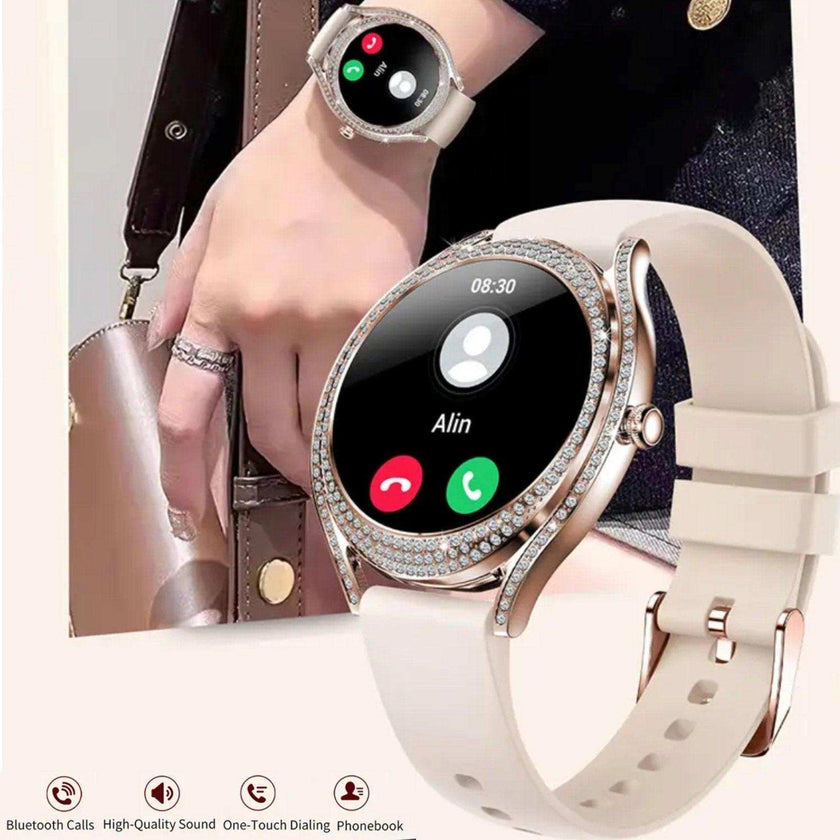 TUTT Classic Smartwatch for Women AMOLED  1.28” | Health & Fitness Tracker | Always On Display | 150 cubic Zirconia | Two Straps V66 Smart Watch (Silicone and Metal)