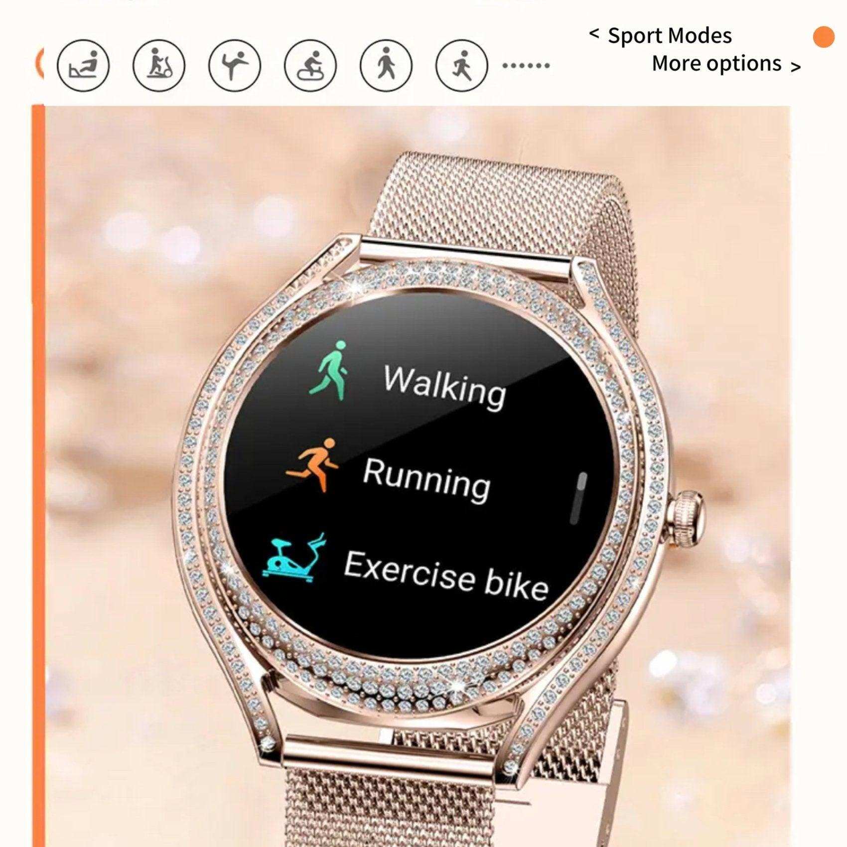 TUTT Classic Smartwatch for Women AMOLED  1.28” | Health & Fitness Tracker | Always On Display | 150 cubic Zirconia | Two Straps V66 Smart Watch (Silicone and Metal)