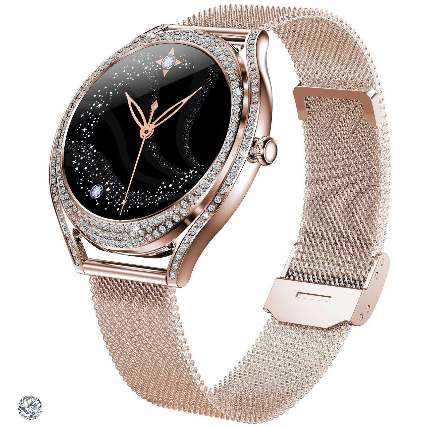 TUTT Classic Smartwatch for Women AMOLED  1.28” | Health & Fitness Tracker | Always On Display | 150 cubic Zirconia | Two Straps V66 Smart Watch (Silicone and Metal)