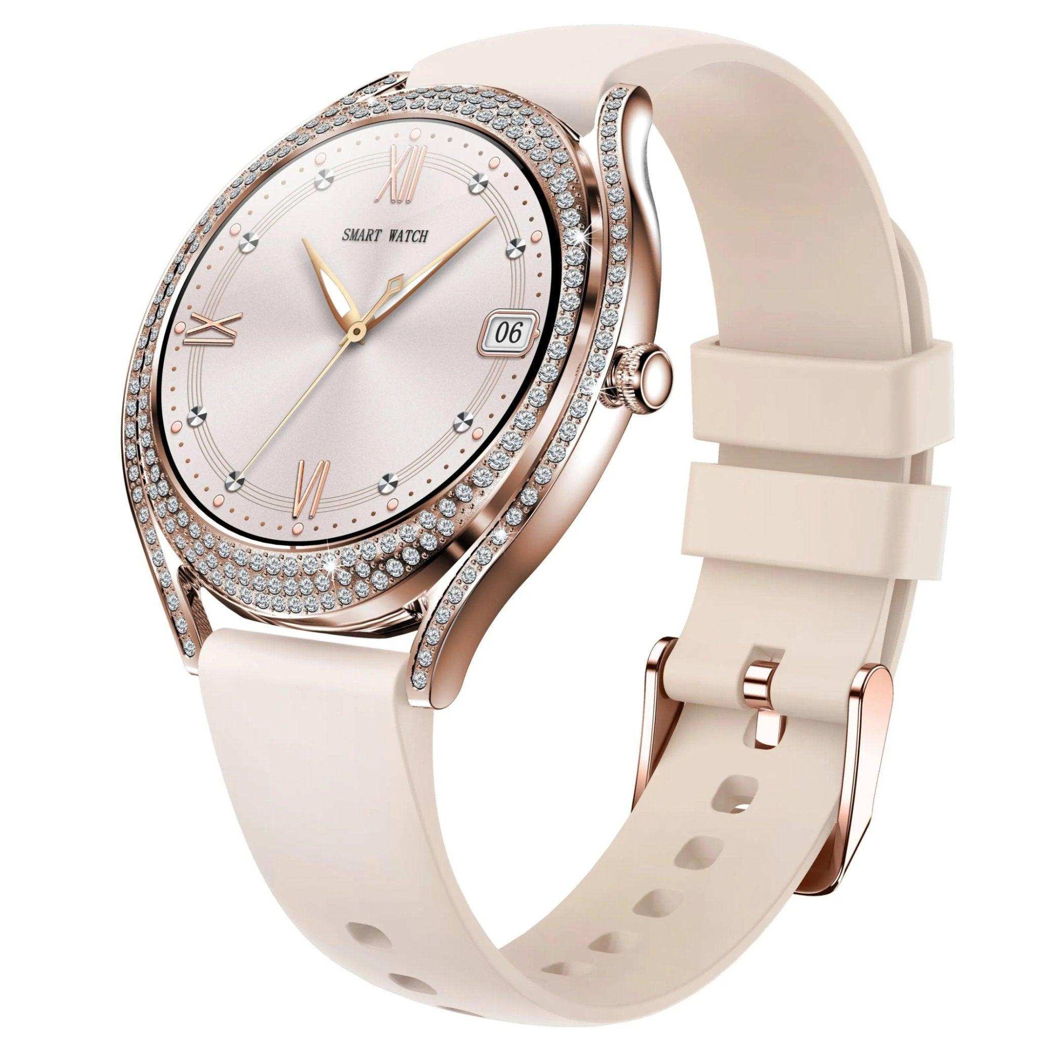 TUTT Classic Smartwatch for Women AMOLED  1.28” | Health & Fitness Tracker | Always On Display | 150 cubic Zirconia | Two Straps V66 Smart Watch (Silicone and Metal)