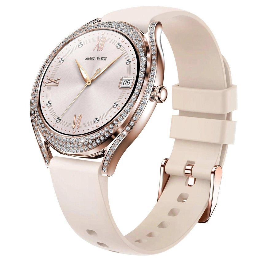 TUTT Classic Smartwatch for Women AMOLED  1.28” | Health & Fitness Tracker | Always On Display | 150 cubic Zirconia | Two Straps V66 Smart Watch (Silicone and Metal)